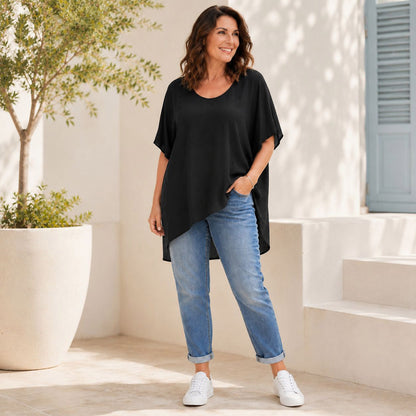 Oversize Tunika-Shirt mit Plissee-Saum Damenshirt Tragbar von 48 - 54/56