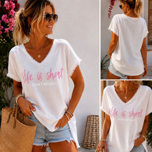 Heike- Lässiges Shirt Life is short Strass.. - Tragbar von  Größe 38 - 44/46