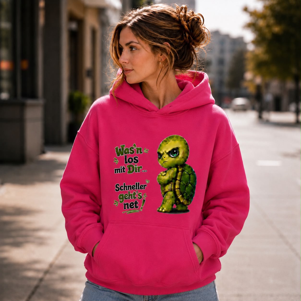 Statement Schildkröte Was’n los mit Dir? Hoodie Pullover Frontprint & Backprint | Unisex