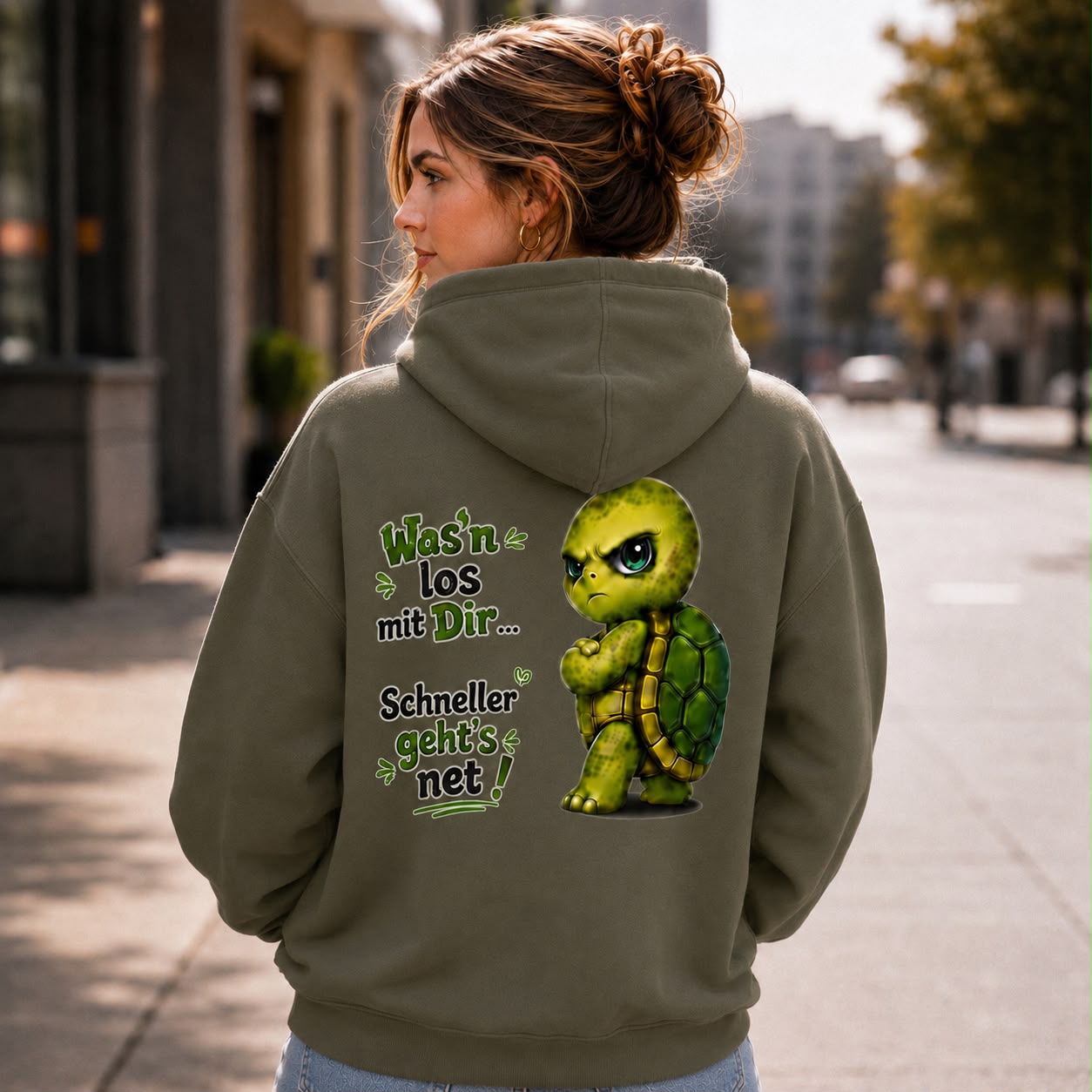 Statement Schildkröte Was’n los mit Dir? Hoodie Pullover Frontprint & Backprint | Unisex