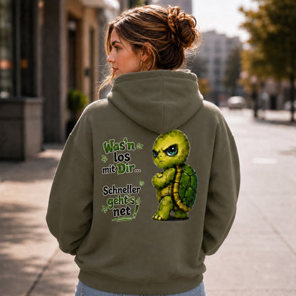 Statement Schildkröte Was’n los mit Dir? Hoodie Pullover Frontprint & Backprint | Unisex
