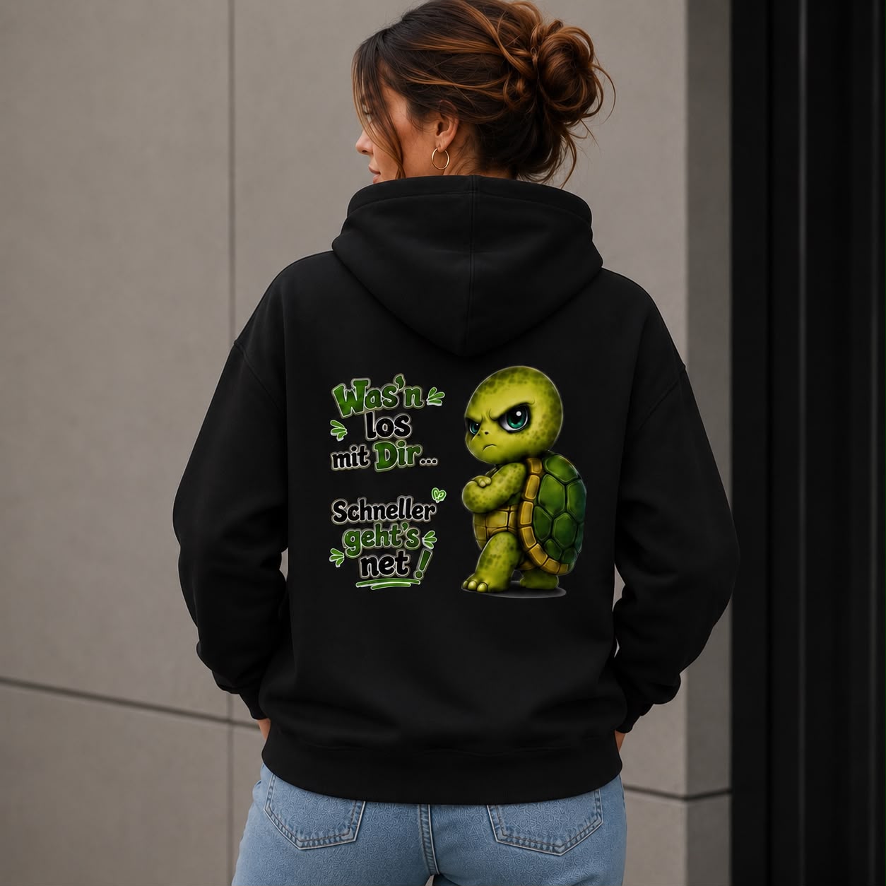 Statement Schildkröte Was’n los mit Dir? Hoodie Pullover Frontprint & Backprint | Unisex