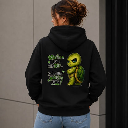 Statement Schildkröte Was’n los mit Dir? Hoodie Pullover Frontprint & Backprint | Unisex