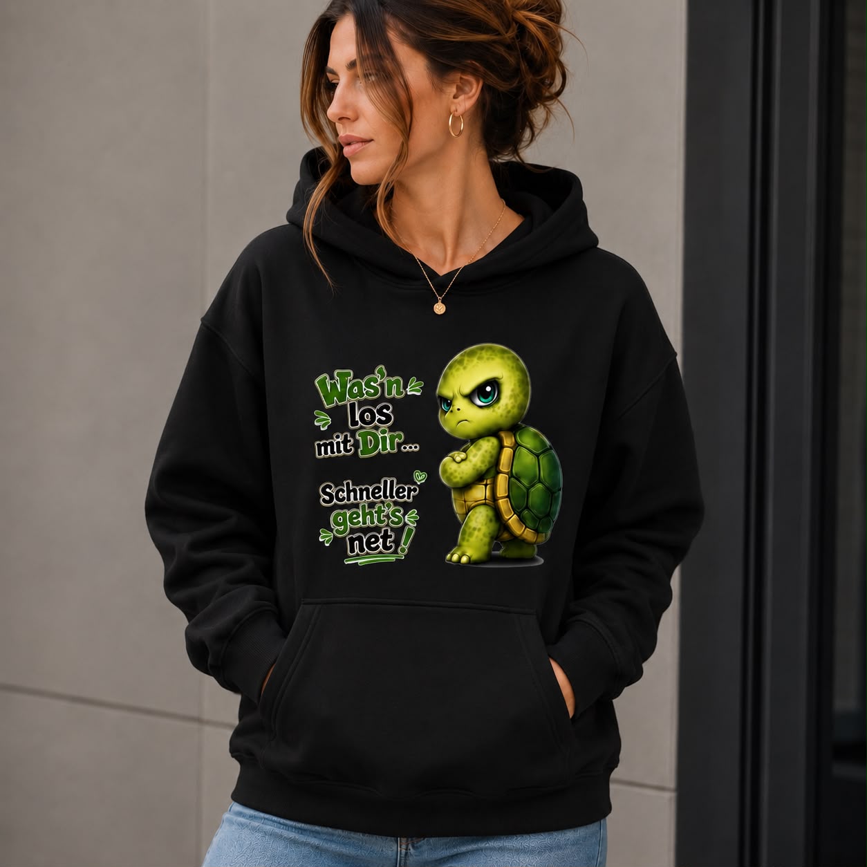 Statement Schildkröte Was’n los mit Dir? Hoodie Pullover Frontprint & Backprint | Unisex