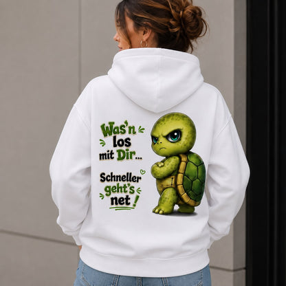Statement Schildkröte Was’n los mit Dir? Hoodie Pullover Frontprint & Backprint | Unisex