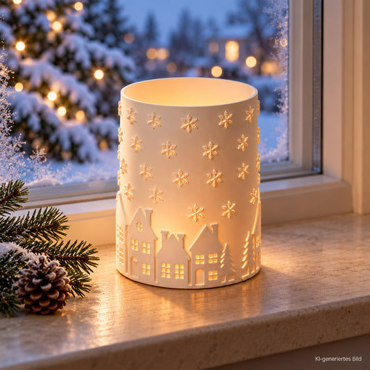 Winter Windlicht mit Winterdorf & Schneeflocken | 3D-Druck