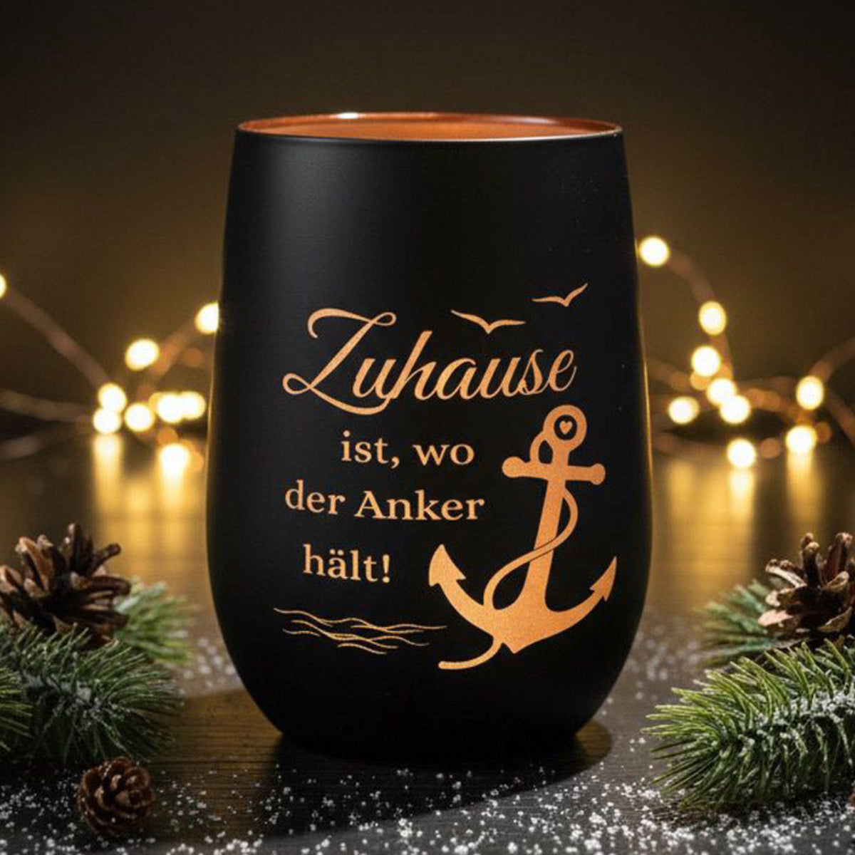 Windlicht Trinkglas - Zuhause ist, wo der Anker hält !