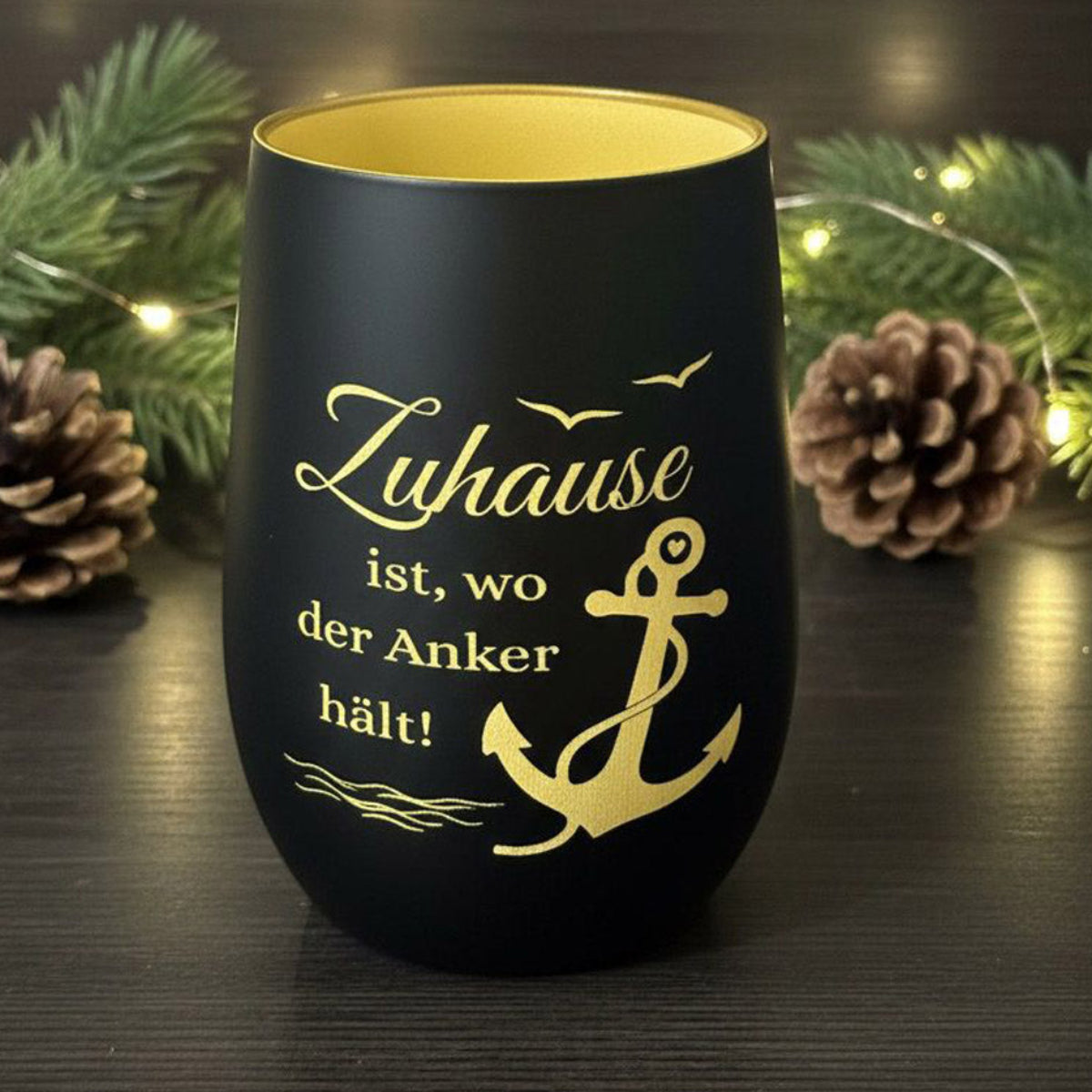 Windlicht Trinkglas - Zuhause ist, wo der Anker hält !