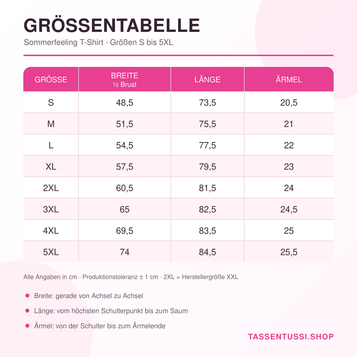 Größentabelle Sommerfeeling T-Shirt S bis 5XL mit Breite, Länge und Ärmellänge
