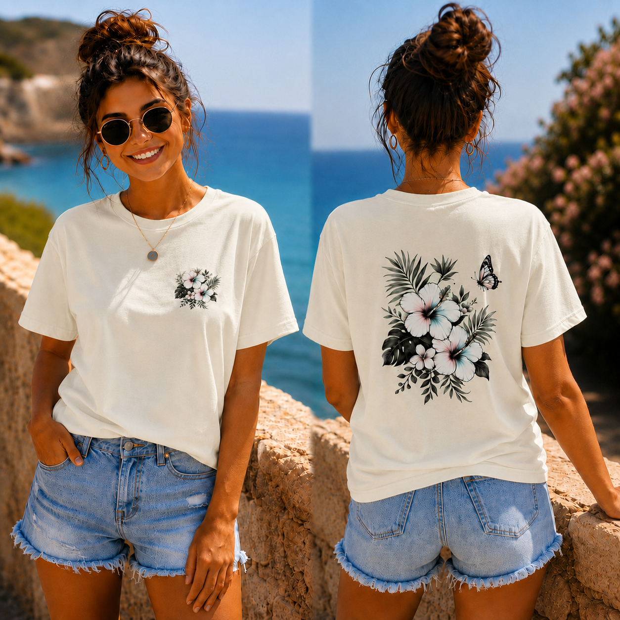 T-Shirt Shirt Sommerfeeling Hibiskus .Frontprint & Backprint | Unisex