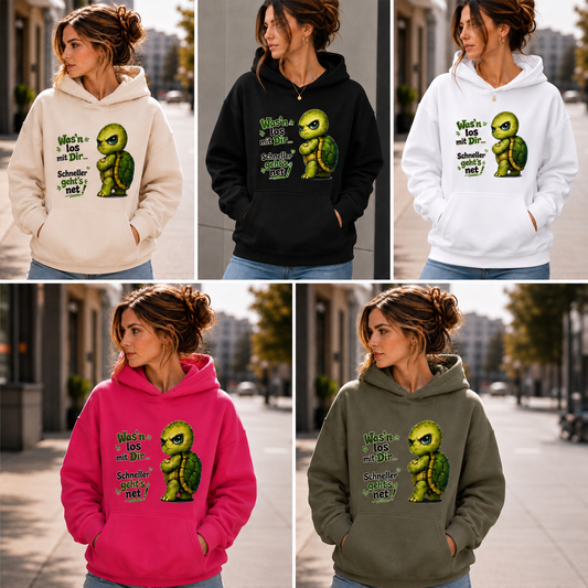 Statement Schildkröte Was’n los mit Dir? Hoodie Pullover Frontprint & Backprint | Unisex
