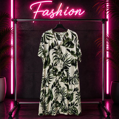 Damen Maxikleid mit Blätterprint Größe 40-48 – langes Sommerkleid aus Viskose-Mix