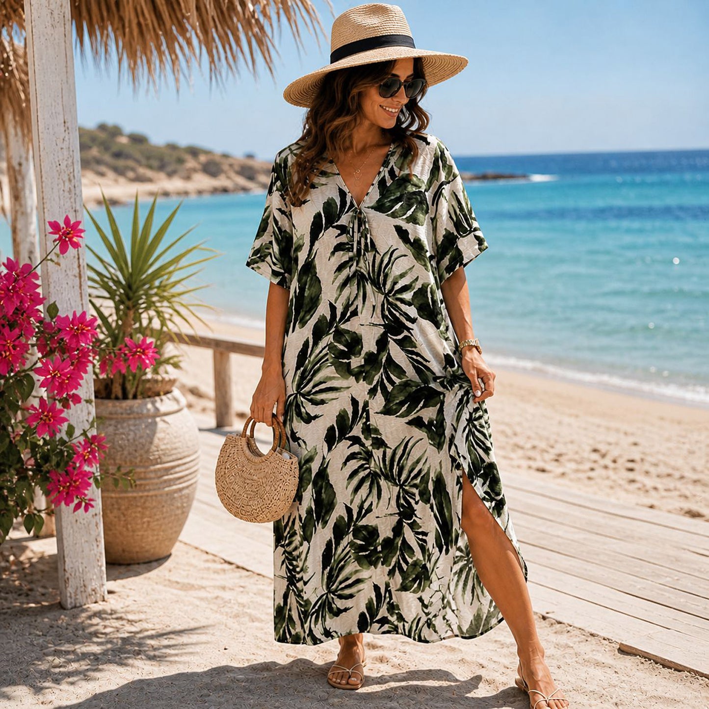 Damen Maxikleid mit Blätterprint Größe 40-48 – langes Sommerkleid aus Viskose-Mix