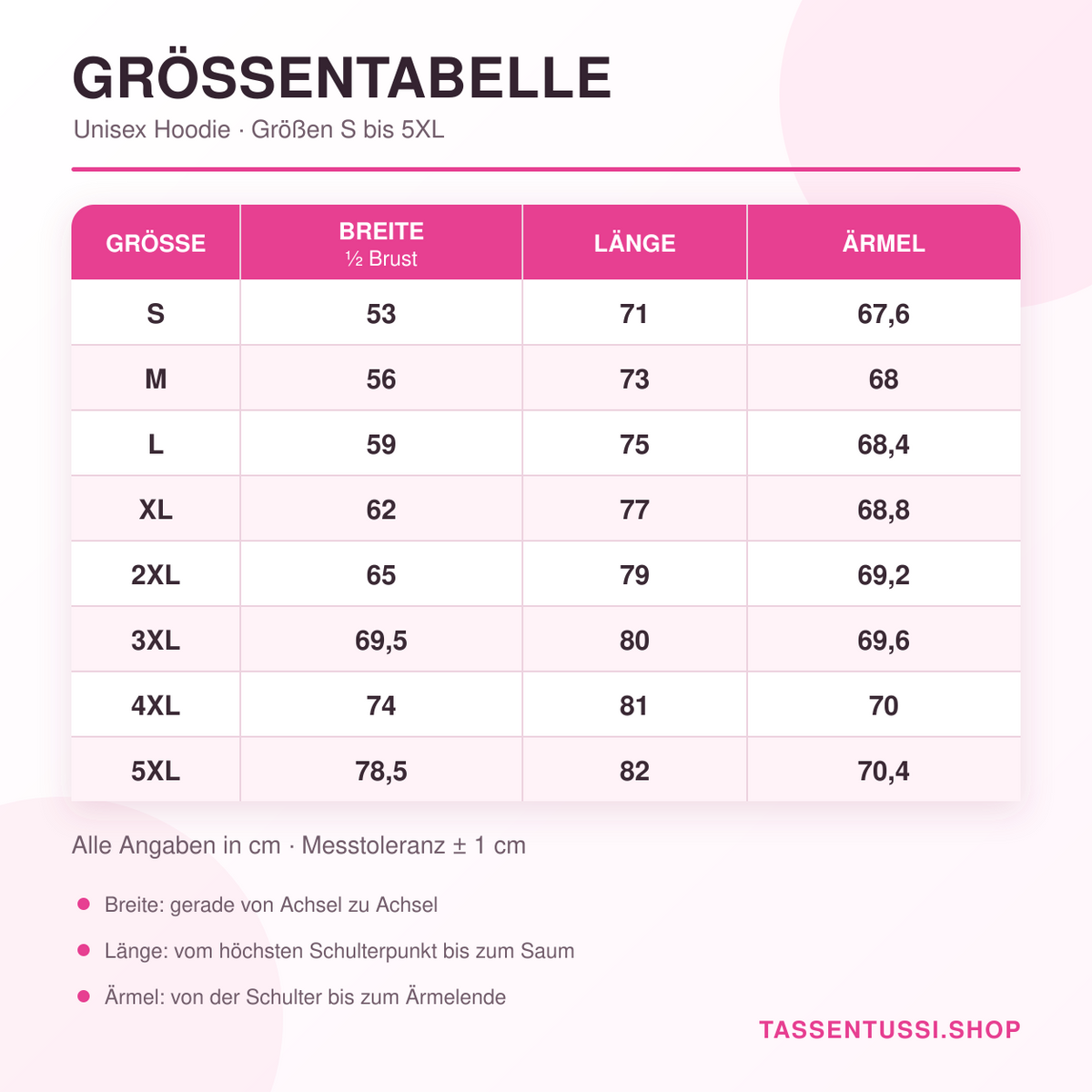 Größentabelle für den Tassentussi Unisex Hoodie in den Größen S bis 5XL
