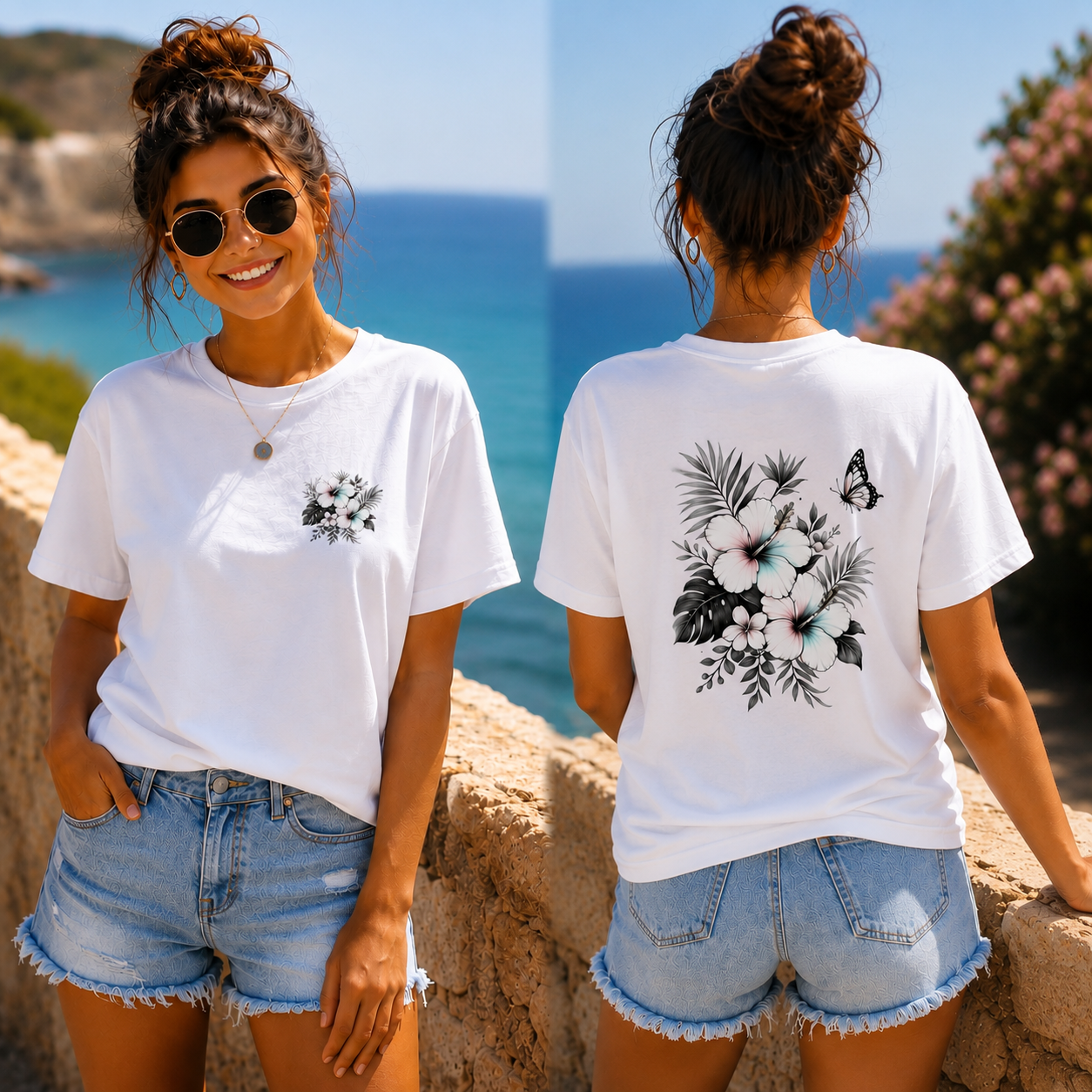 T-Shirt Shirt Sommerfeeling Hibiskus .Frontprint & Backprint | Unisex
