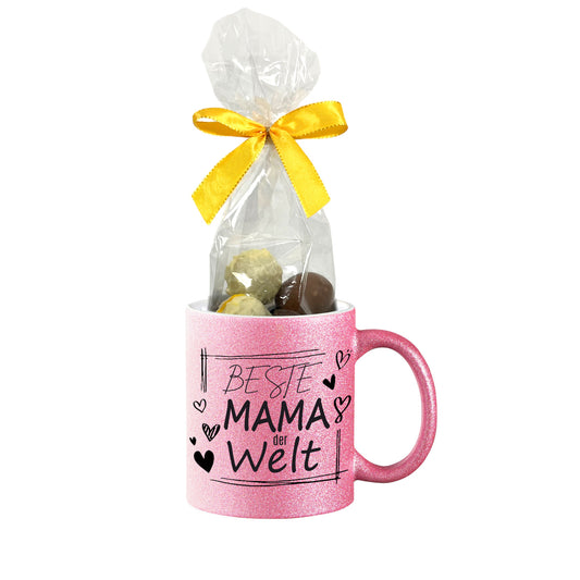 Glitzer Tasse zum Muttertag - Beste Mama der Welt - mit Pralinen