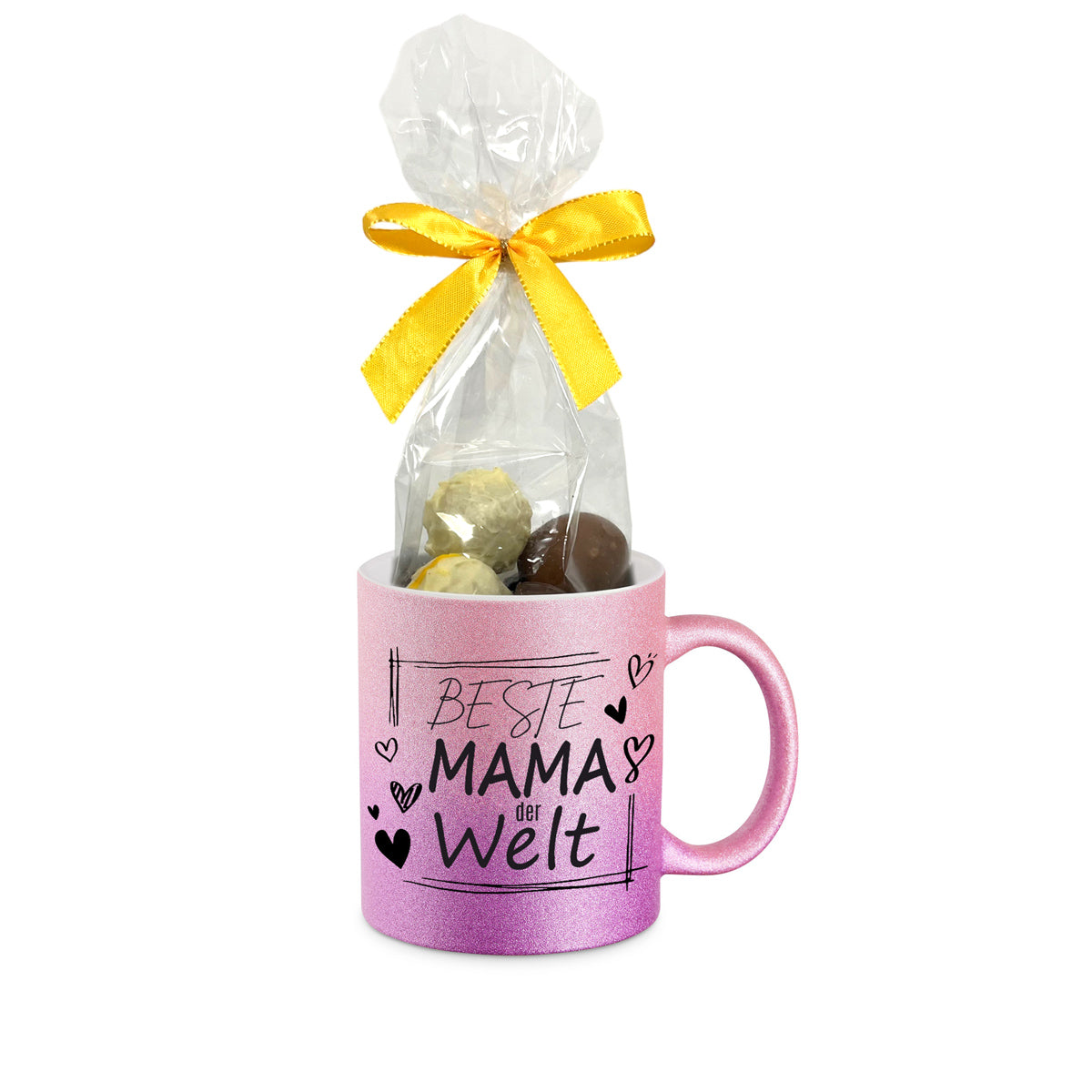 Glitzer Tasse zum Muttertag - Beste Mama der Welt - mit Pralinen